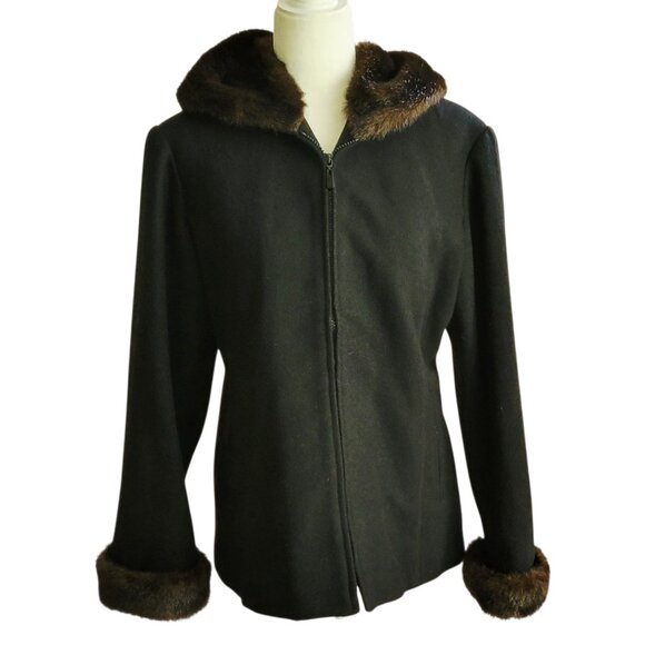 VTG Braetan Black Wool Blend Faux Fur Hooded Zip Front Coat Jacket with Pockets - Picture 3 of 15